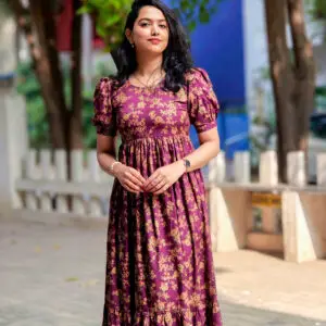 16032 Wine purple frock with golden Jewel tone floral print