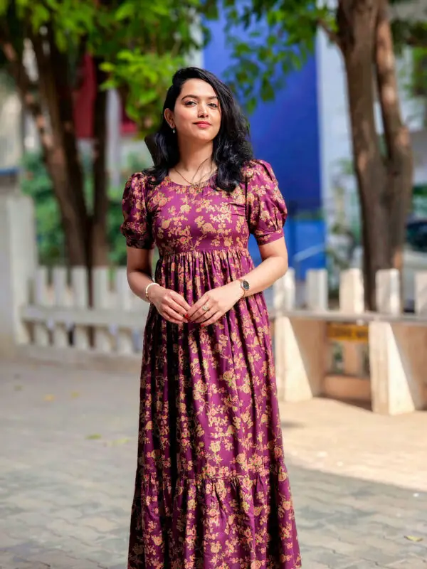 16032 Wine purple frock with golden Jewel tone floral print