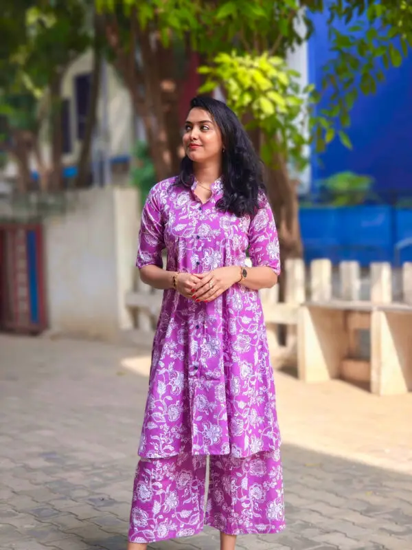 Purple floral printed Co-ordset in Soft Cotton