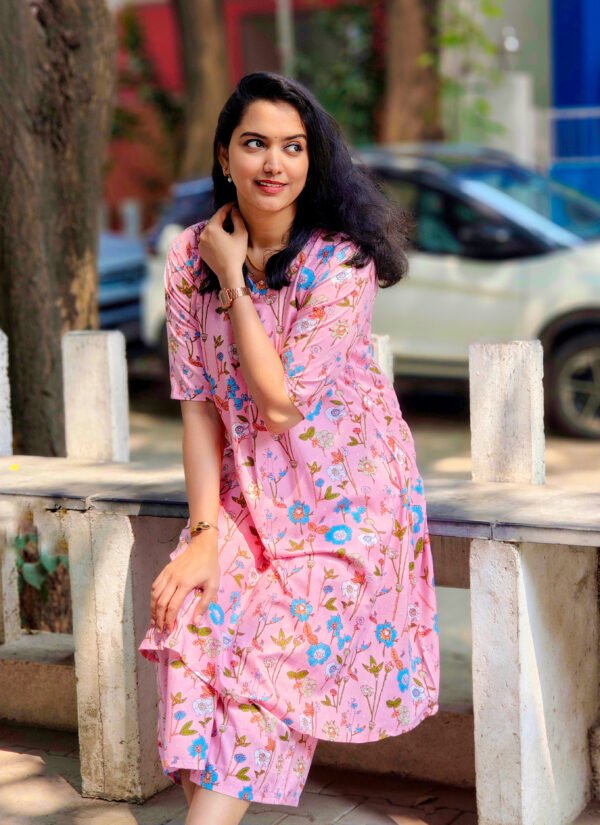 18138 Pretty Pink floral printed Co-ordset in Rayon Cotton